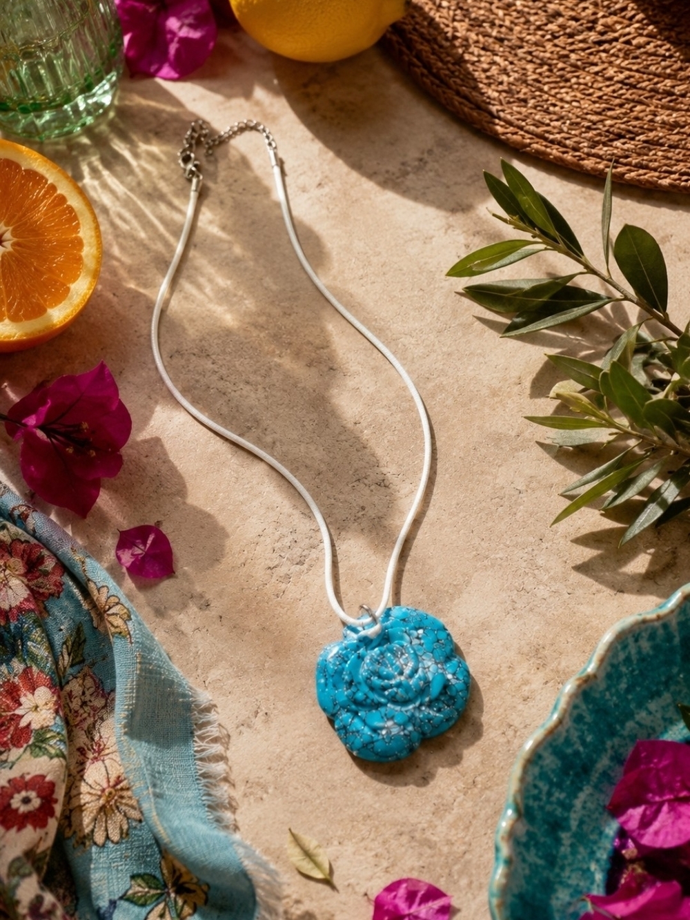 4/$15 Turquoise Floral Pendant Necklace - Women's Jewelry Handcrafted